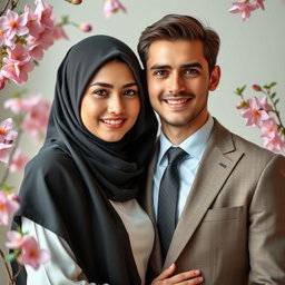 A striking portrait of a young Muslim woman wearing a beautiful hijab, standing next to a handsome man in a classic suit