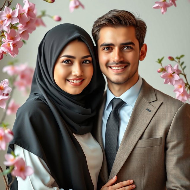 A striking portrait of a young Muslim woman wearing a beautiful hijab, standing next to a handsome man in a classic suit