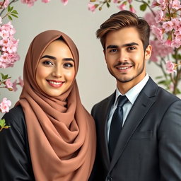 A striking portrait of a young Muslim woman wearing a beautiful hijab, standing next to a handsome man in a classic suit