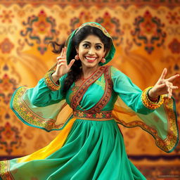 A whimsical scene featuring a foolish Arabian woman dancing joyfully, her colorful traditional attire swirling around her