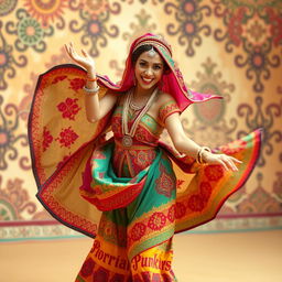 A whimsical scene featuring a foolish Arabian woman dancing joyfully, her colorful traditional attire swirling around her