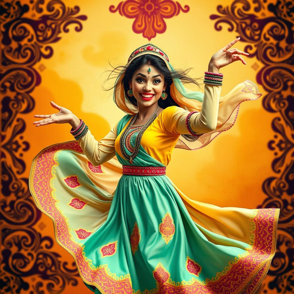 A whimsical scene featuring a foolish Arabian woman dancing joyfully, her colorful traditional attire swirling around her