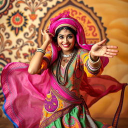 A whimsical scene featuring a foolish Arabian woman dancing joyfully, her colorful traditional attire swirling around her
