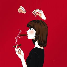 A beautifully illustrated profile of a girl with a white complexion and straight brown hair, positioned from the side and gazing to the right while holding a cigar from which smoke is gracefully curling