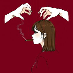 A beautifully illustrated profile of a girl with a white complexion and straight brown hair, positioned from the side and gazing to the right while holding a cigar from which smoke is gracefully curling