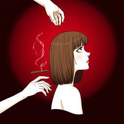 A beautifully illustrated profile of a girl with a white complexion and straight brown hair, positioned from the side and gazing to the right while holding a cigar from which smoke is gracefully curling
