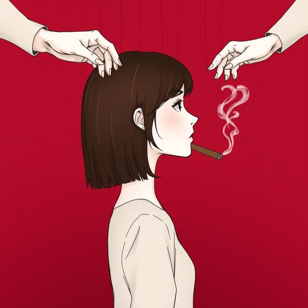 A beautifully illustrated profile of a girl with a white complexion and straight brown hair, positioned from the side and gazing to the right while holding a cigar from which smoke is gracefully curling