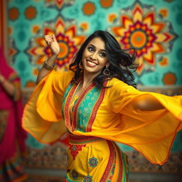 A playful scene of an Arabian woman dancing exuberantly, wearing colorful traditional clothing that billows around her as she moves