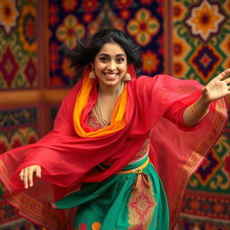 A playful scene of an Arabian woman dancing exuberantly, wearing colorful traditional clothing that billows around her as she moves