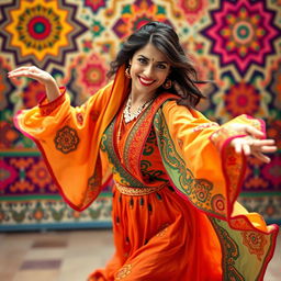 A playful scene of an Arabian woman dancing exuberantly, wearing colorful traditional clothing that billows around her as she moves