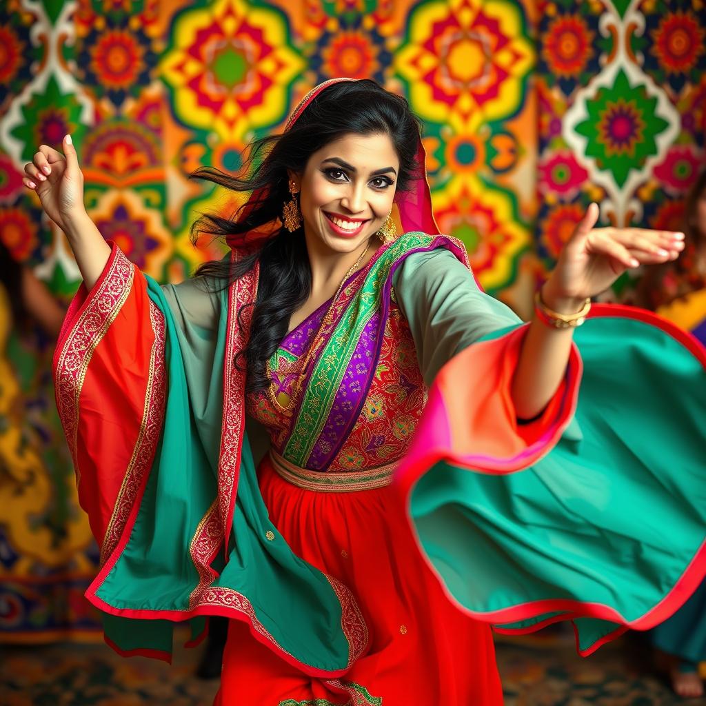 A playful scene of an Arabian woman dancing exuberantly, wearing colorful traditional clothing that billows around her as she moves