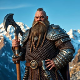 A mountain dwarf clad in ornate chain mail armor, showcasing intricate designs that reflect his storied heritage