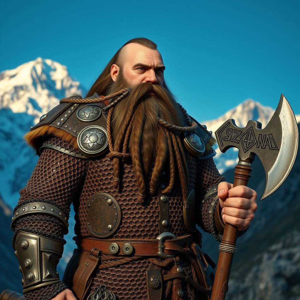 A mountain dwarf clad in ornate chain mail armor, showcasing intricate designs that reflect his storied heritage