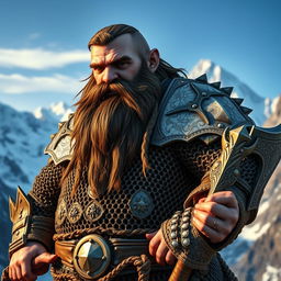 A mountain dwarf clad in ornate chain mail armor, showcasing intricate designs that reflect his storied heritage