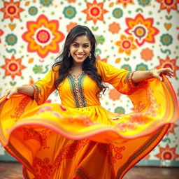 A lively scene showcasing an Arabian woman dancing exuberantly, wearing a bright and colorful traditional outfit that swirls around her