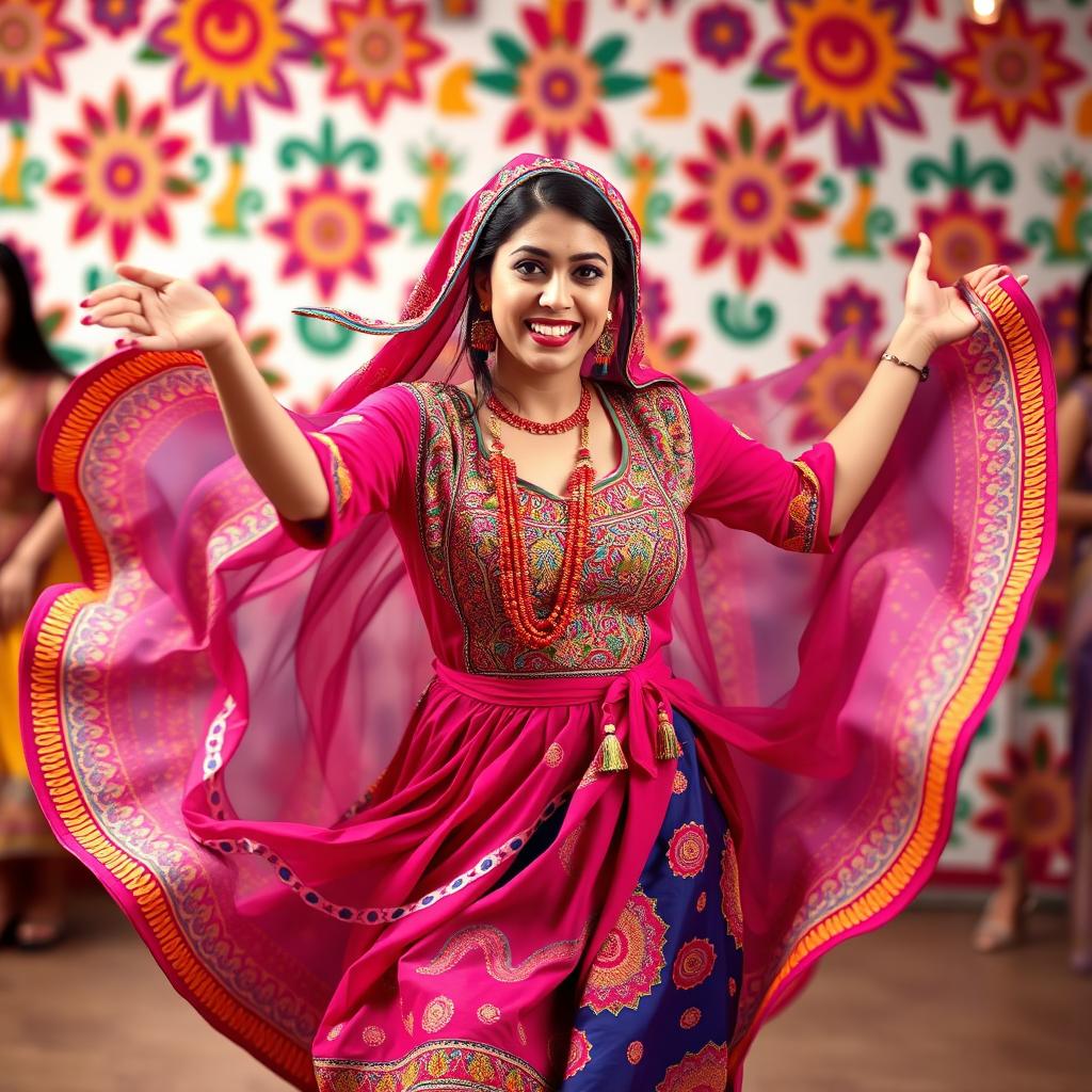A lively scene showcasing an Arabian woman dancing exuberantly, wearing a bright and colorful traditional outfit that swirls around her