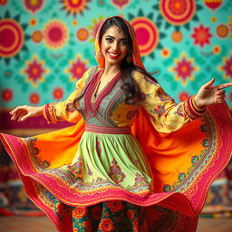 A lively scene showcasing an Arabian woman dancing exuberantly, wearing a bright and colorful traditional outfit that swirls around her