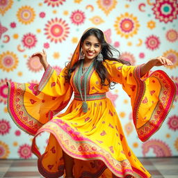 A lively scene showcasing an Arabian woman dancing exuberantly, wearing a bright and colorful traditional outfit that swirls around her
