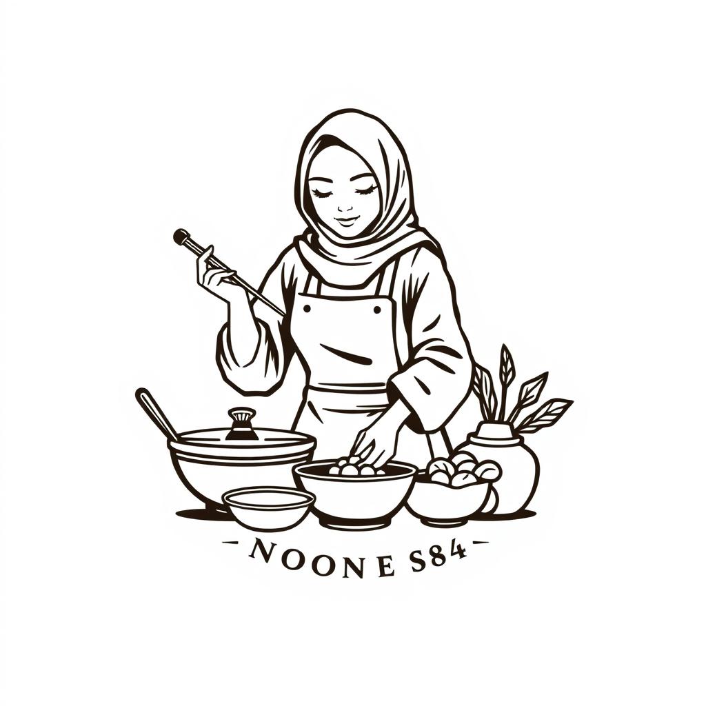 A logo design for a vintage brand featuring an Indonesian Muslim woman cooking, dressed in a Korean hijab style outfit