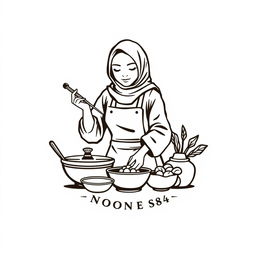 A logo design for a vintage brand featuring an Indonesian Muslim woman cooking, dressed in a Korean hijab style outfit