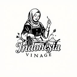 A logo design for a vintage brand featuring an Indonesian Muslim woman cooking, dressed in a Korean hijab style outfit