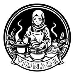 A logo design for a vintage brand featuring an Indonesian Muslim woman cooking, dressed in a Korean hijab style outfit