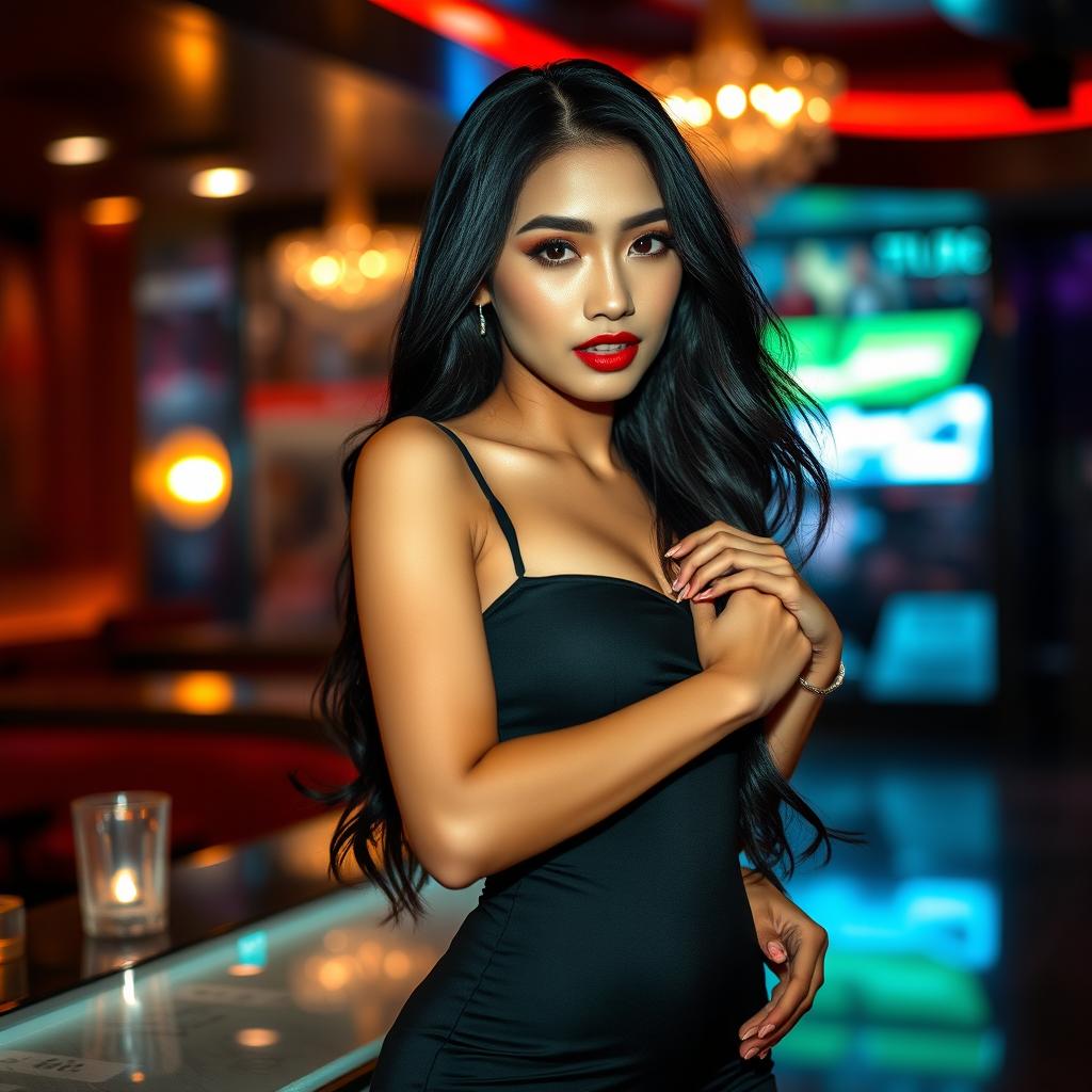 A beautiful Asian woman with a confident and alluring expression, wearing a stylish, form-fitting outfit that enhances her curves