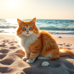 A realistic photograph of a fluffy, relaxed cat sitting on a sandy beach, basking in the warm sunlight