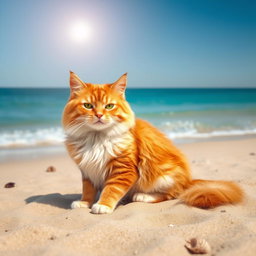 A realistic photograph of a fluffy, relaxed cat sitting on a sandy beach, basking in the warm sunlight