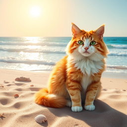 A realistic photograph of a fluffy, relaxed cat sitting on a sandy beach, basking in the warm sunlight