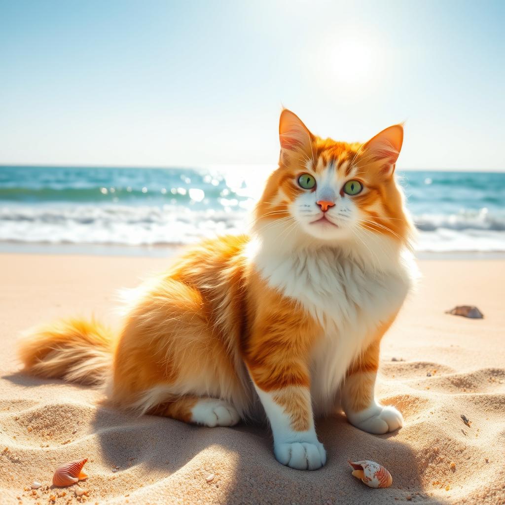 A realistic photograph of a fluffy, relaxed cat sitting on a sandy beach, basking in the warm sunlight