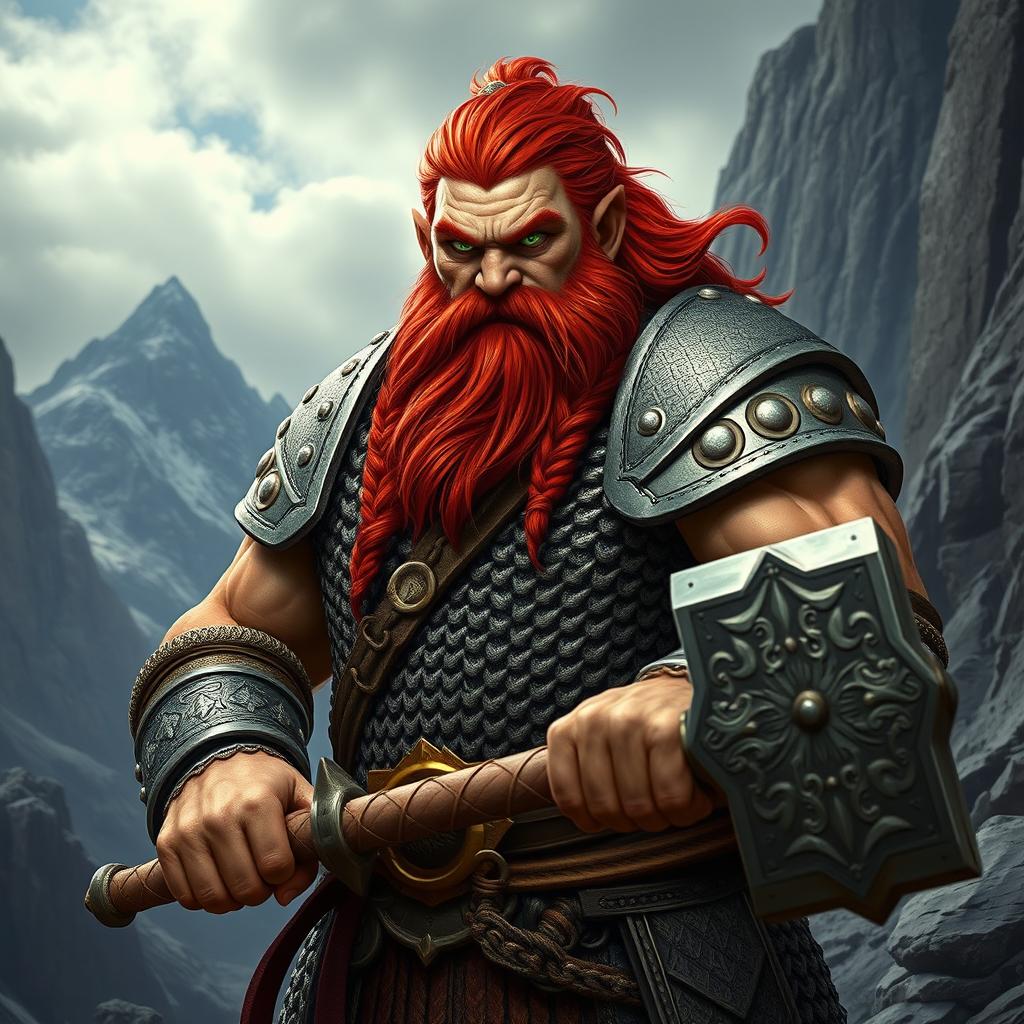 A mountain dwarf with striking red hair, clad in intricately designed chain mail armor that gleams in the light