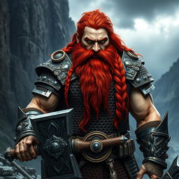 A mountain dwarf with striking red hair, clad in intricately designed chain mail armor that gleams in the light