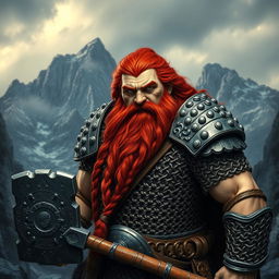 A mountain dwarf with striking red hair, clad in intricately designed chain mail armor that gleams in the light