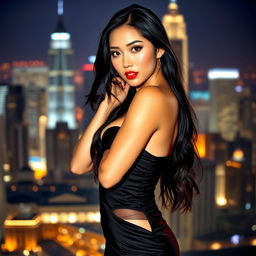 A sultry Asian woman exuding confidence and allure, wearing a stunning, form-fitting dress that accentuates her curves