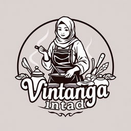 A logo design for a vintage brand featuring an Indonesian Muslim woman cooking, dressed in a vintage style outfit that reflects traditional Indonesian fashion