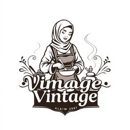 A logo design for a vintage brand featuring an Indonesian Muslim woman cooking, dressed in a vintage style outfit that reflects traditional Indonesian fashion