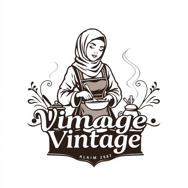 A logo design for a vintage brand featuring an Indonesian Muslim woman cooking, dressed in a vintage style outfit that reflects traditional Indonesian fashion