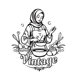 A logo design for a vintage brand featuring an Indonesian Muslim woman cooking, dressed in a vintage style outfit that reflects traditional Indonesian fashion