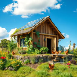 A self-sufficient habitat showcasing an eco-friendly environment, surrounded by lush greenery and vibrant flora
