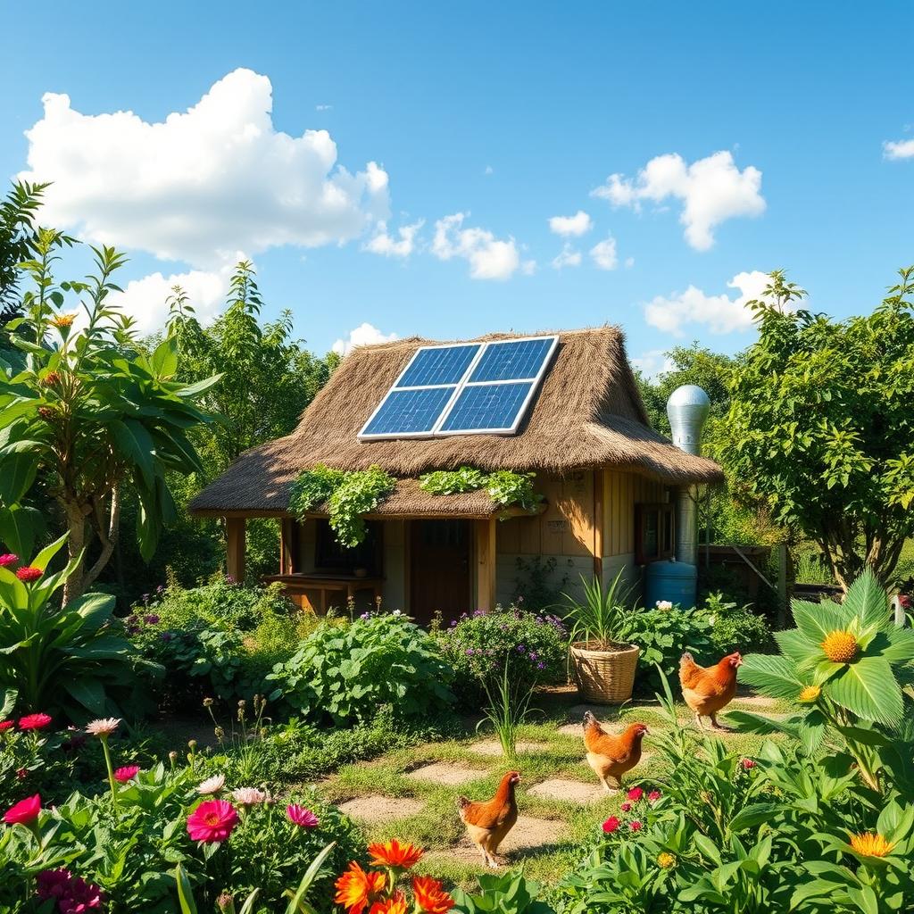 A self-sufficient habitat showcasing an eco-friendly environment, surrounded by lush greenery and vibrant flora