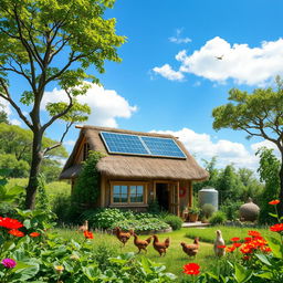 A self-sufficient habitat showcasing an eco-friendly environment, surrounded by lush greenery and vibrant flora