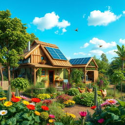 A self-sufficient habitat showcasing an eco-friendly environment, surrounded by lush greenery and vibrant flora