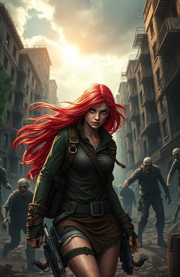 A beautiful red-haired girl dressed in rugged survival gear, bravely navigating through a post-apocalyptic city overrun with zombies
