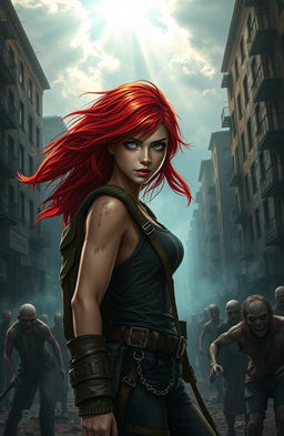 A beautiful red-haired girl dressed in rugged survival gear, bravely navigating through a post-apocalyptic city overrun with zombies