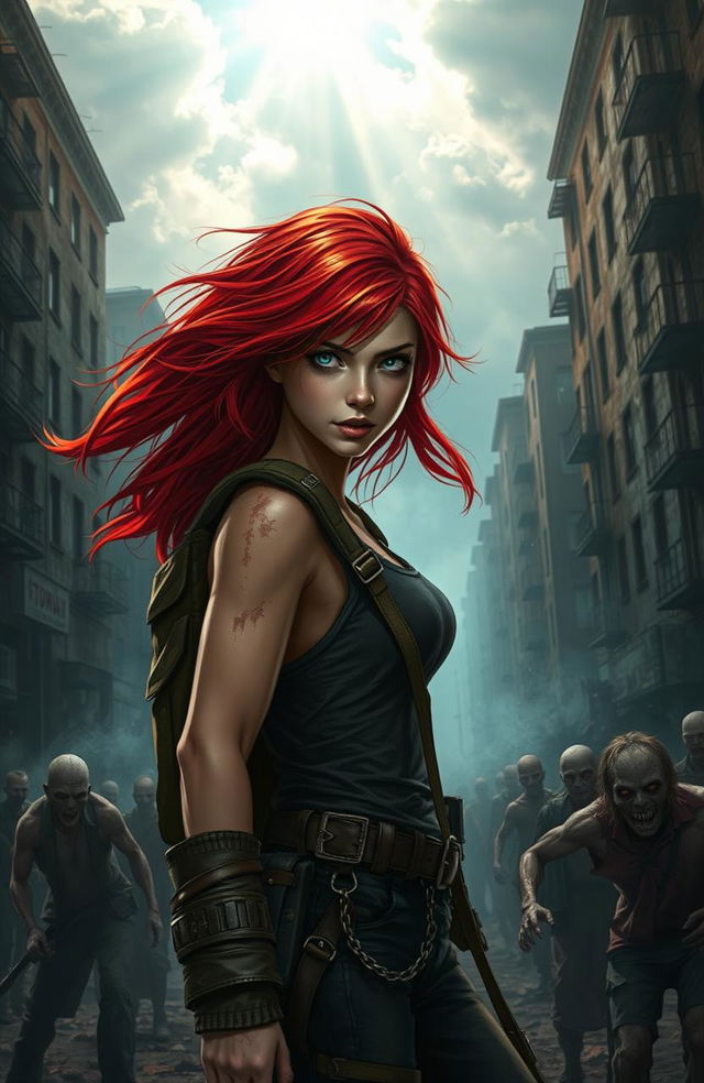 A beautiful red-haired girl dressed in rugged survival gear, bravely navigating through a post-apocalyptic city overrun with zombies
