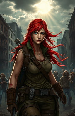 A beautiful red-haired girl dressed in rugged survival gear, bravely navigating through a post-apocalyptic city overrun with zombies