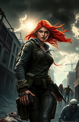 A beautiful red-haired girl dressed in rugged survival gear, bravely navigating through a post-apocalyptic city overrun with zombies