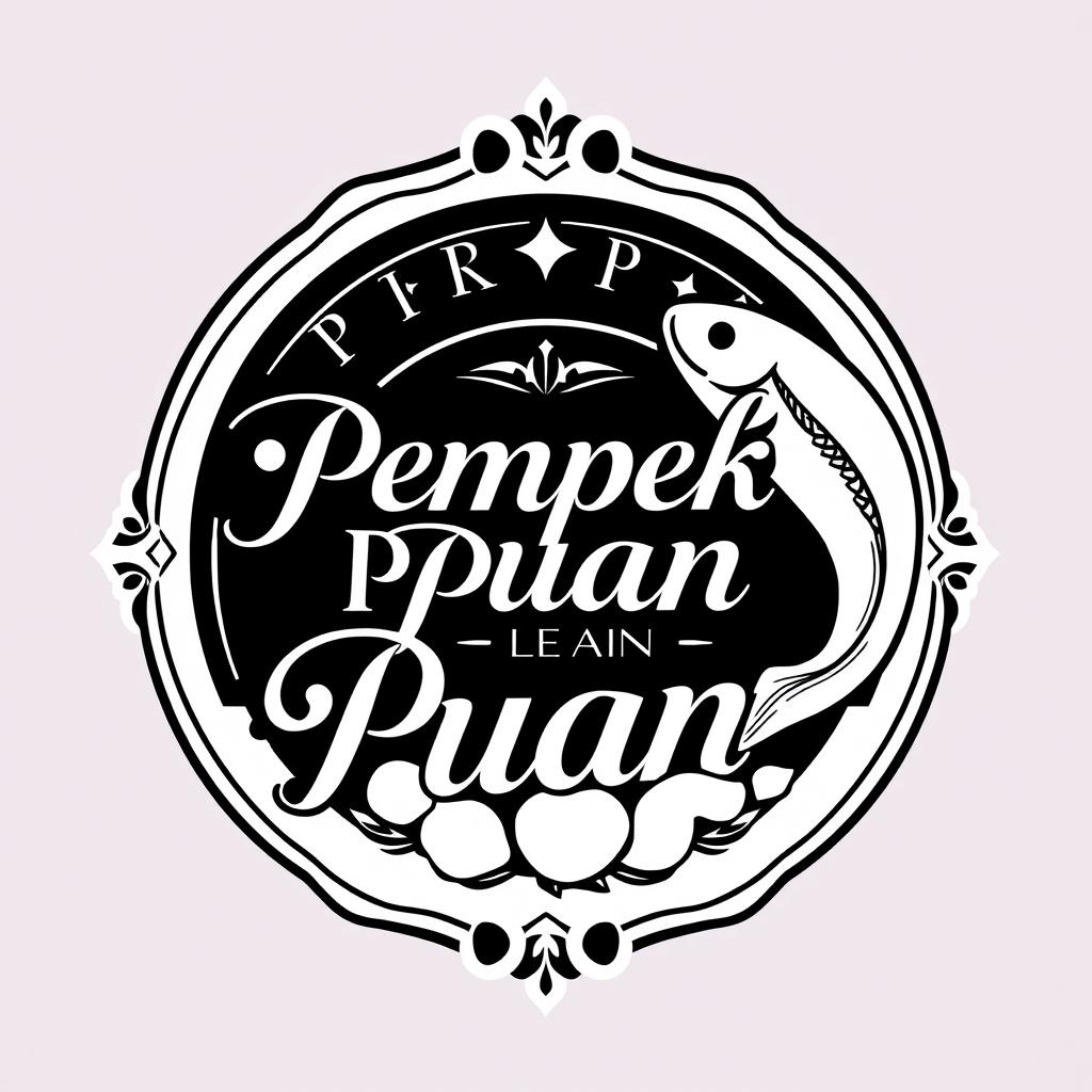 A logo design for a vintage brand named 'Pempek Puan' rendered in black and white