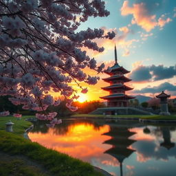 A serene and picturesque scene capturing the beauty of Japan, featuring a tranquil cherry blossom tree in full bloom, with delicate pink petals gently falling to the ground